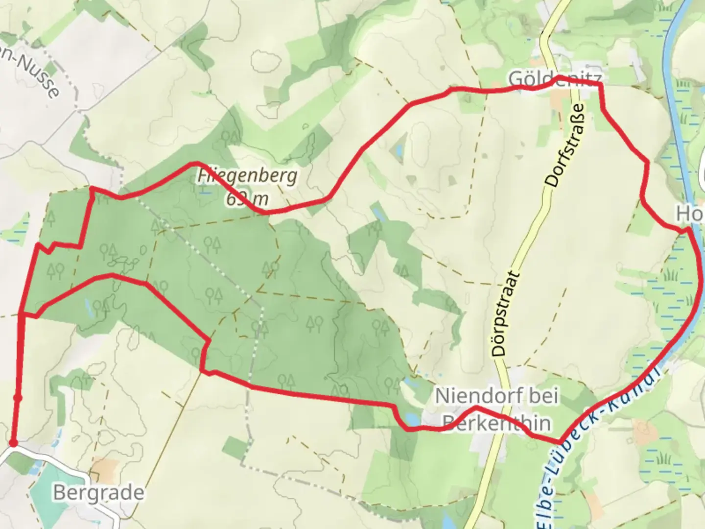 An image depicting the trail Fliegenberg Loop and its surrounding area.