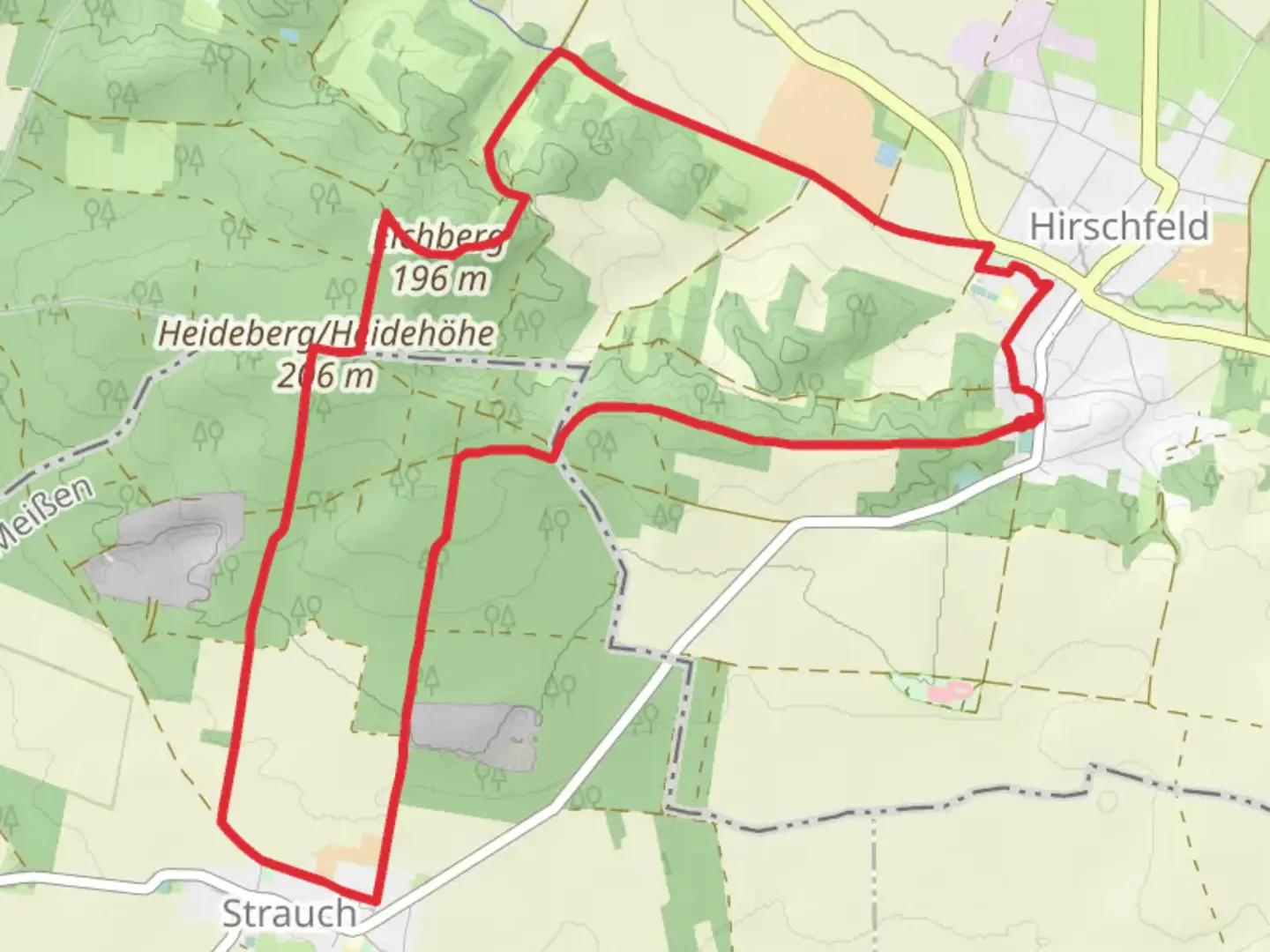 An image depicting the trail Hirschfeld to Strauch Loop and its surrounding area.