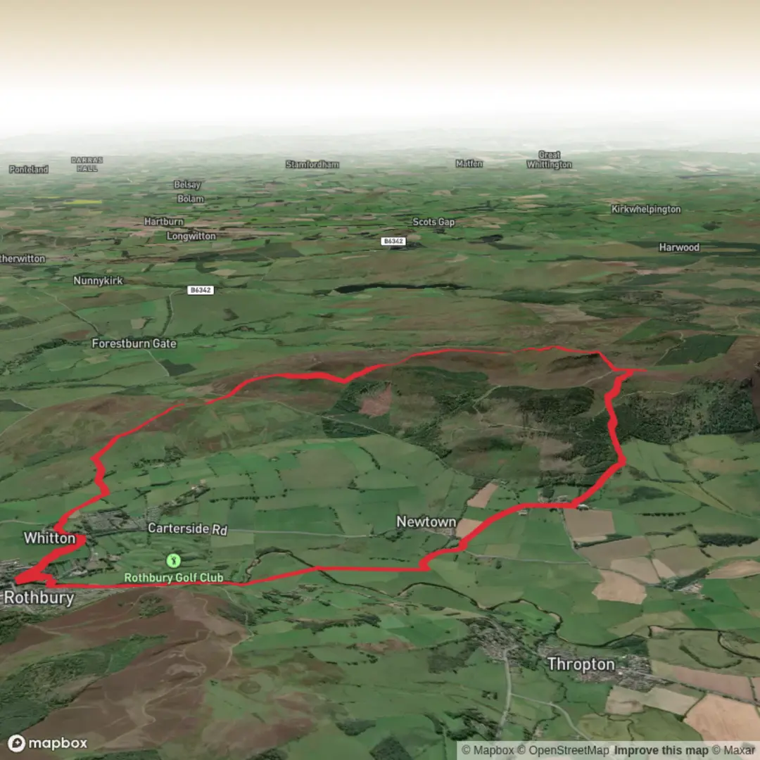 An image depicting the trail Hike from Rothbury to simonside and its surrounding area.