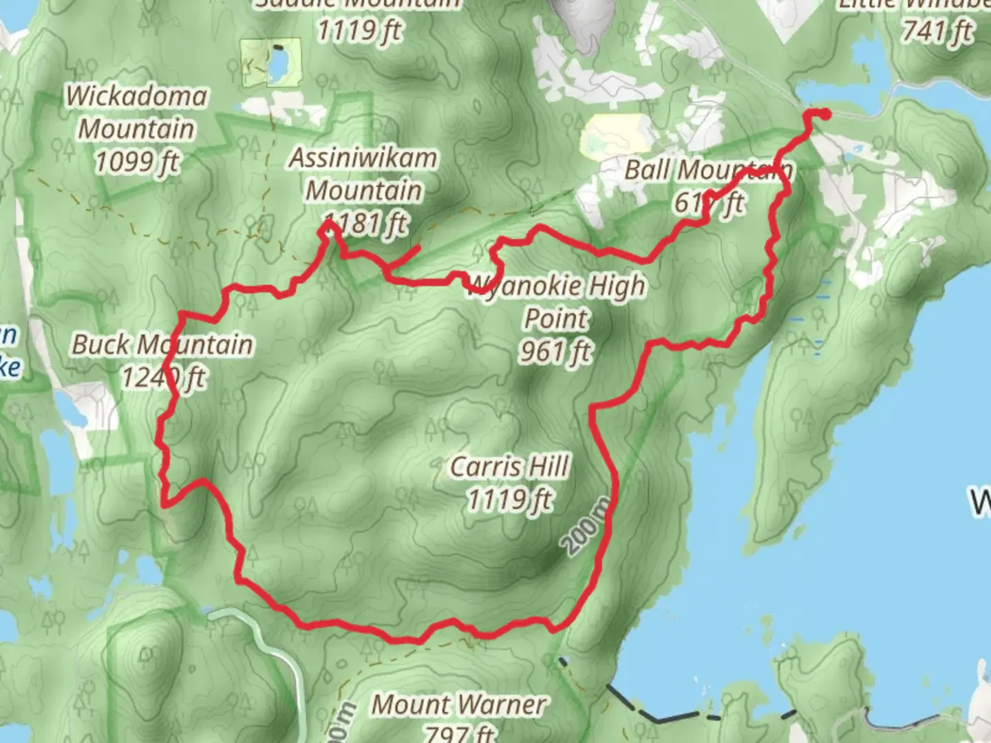 An image depicting the trail Buck Mountain via Highlands Trail and Lower Loop trail and its surrounding area.