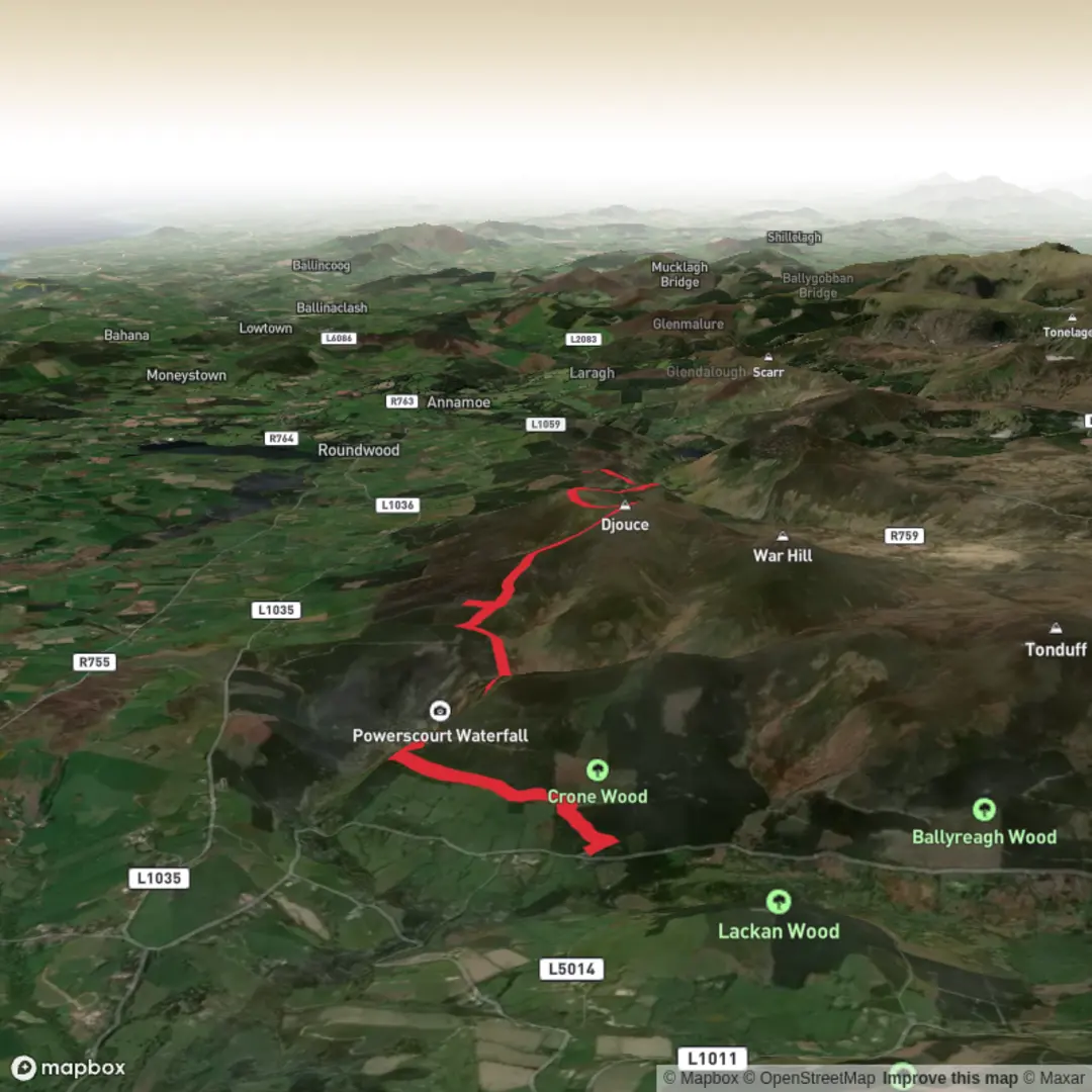 An image depicting the trail Douce via Crone Woods Car Park and JB Malone Hiking Trail Carpark and its surrounding area.