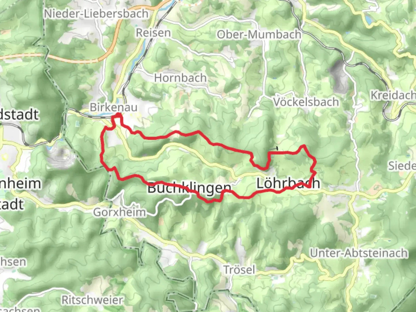 An image depicting the trail Steinkopf , Gotzenstein and Hohe Harth Loop via Birkenau and its surrounding area.