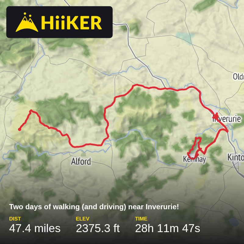 A map preview of the recording Two days of walking (and driving) near Inverurie!.
