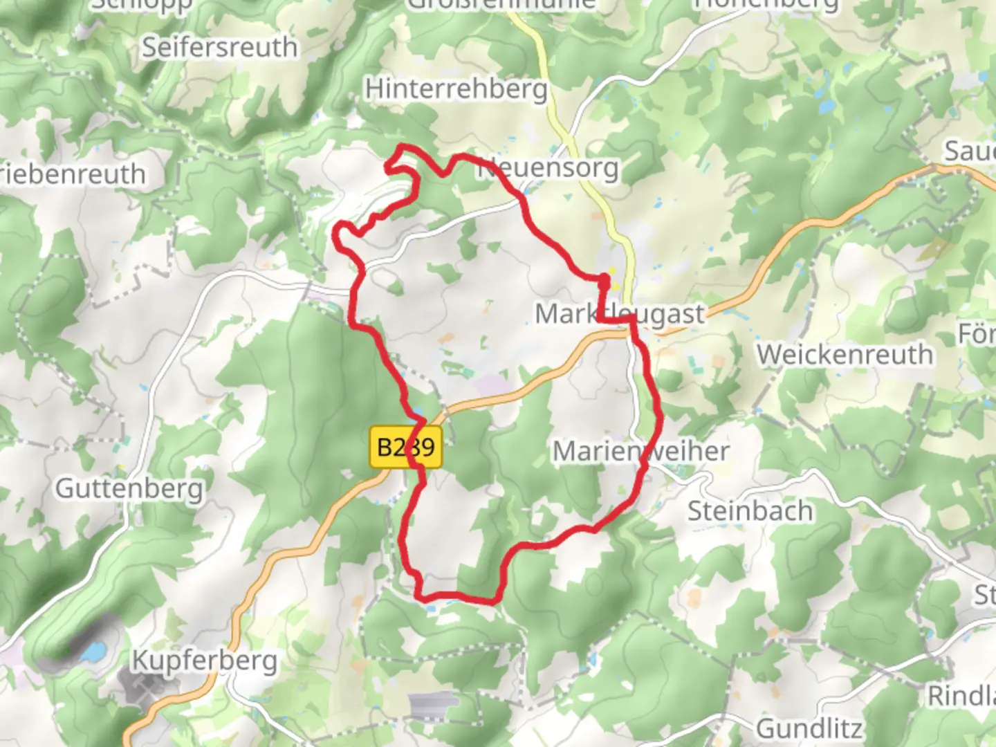 An image depicting the trail Spiegelteich via Buergermeisterweg Marktleugast and Zur Weidmeser Hoehe and its surrounding area.