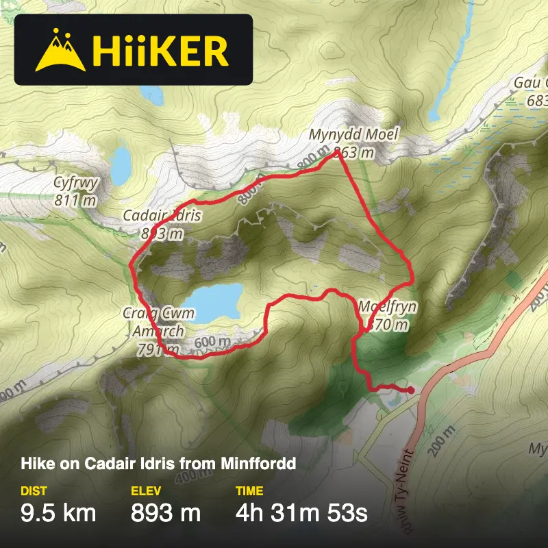 A map preview of the recording Hike on Cadair Idris from Minffordd.