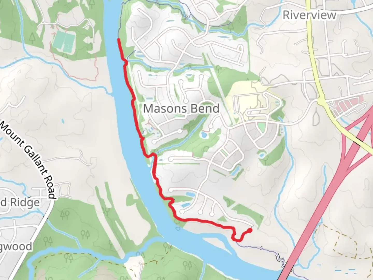 An image depicting the trail Masons Bend Trail Out and Back and its surrounding area.