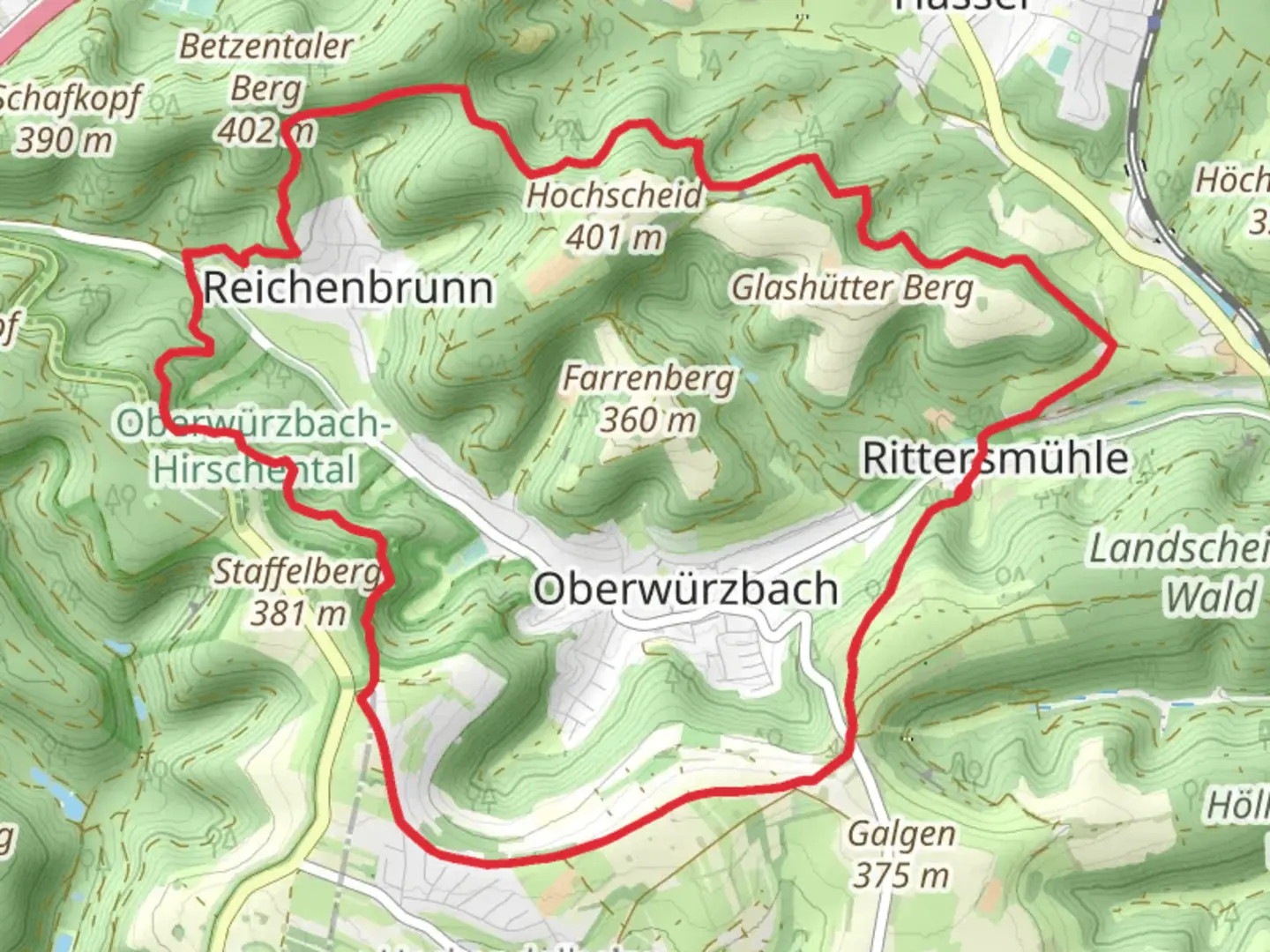 An image depicting the trail Oberwürzbach-Hirschental, Mittlerer Kopf and Rosenwald Loop - Rittersmühle and its surrounding area.