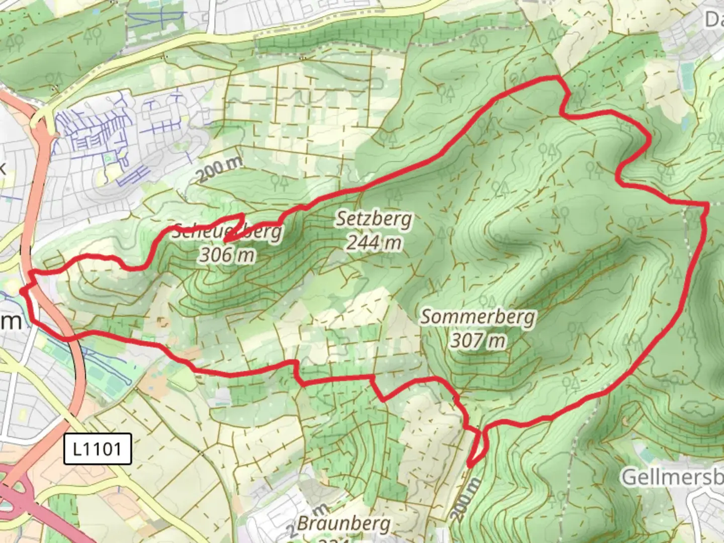 An image depicting the trail Schweinshagweg and Rote Steige and its surrounding area.