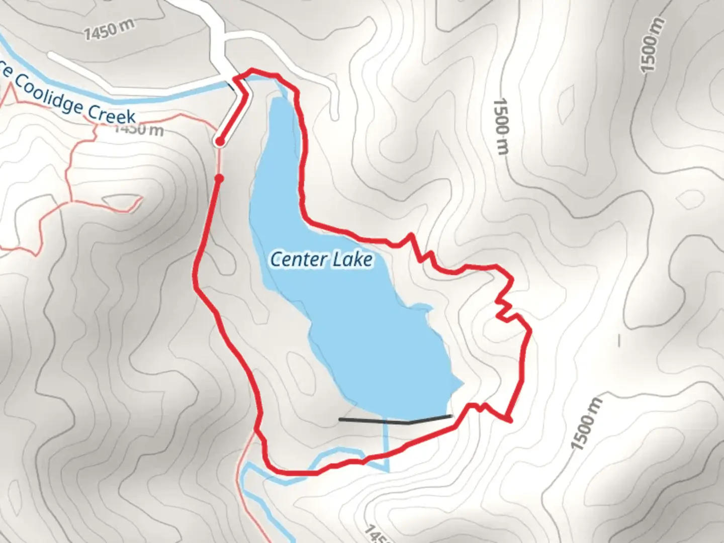 An image depicting the trail Center Lake via The Lost Trails - Lower and Grace Coolidge Creek Loop and its surrounding area.