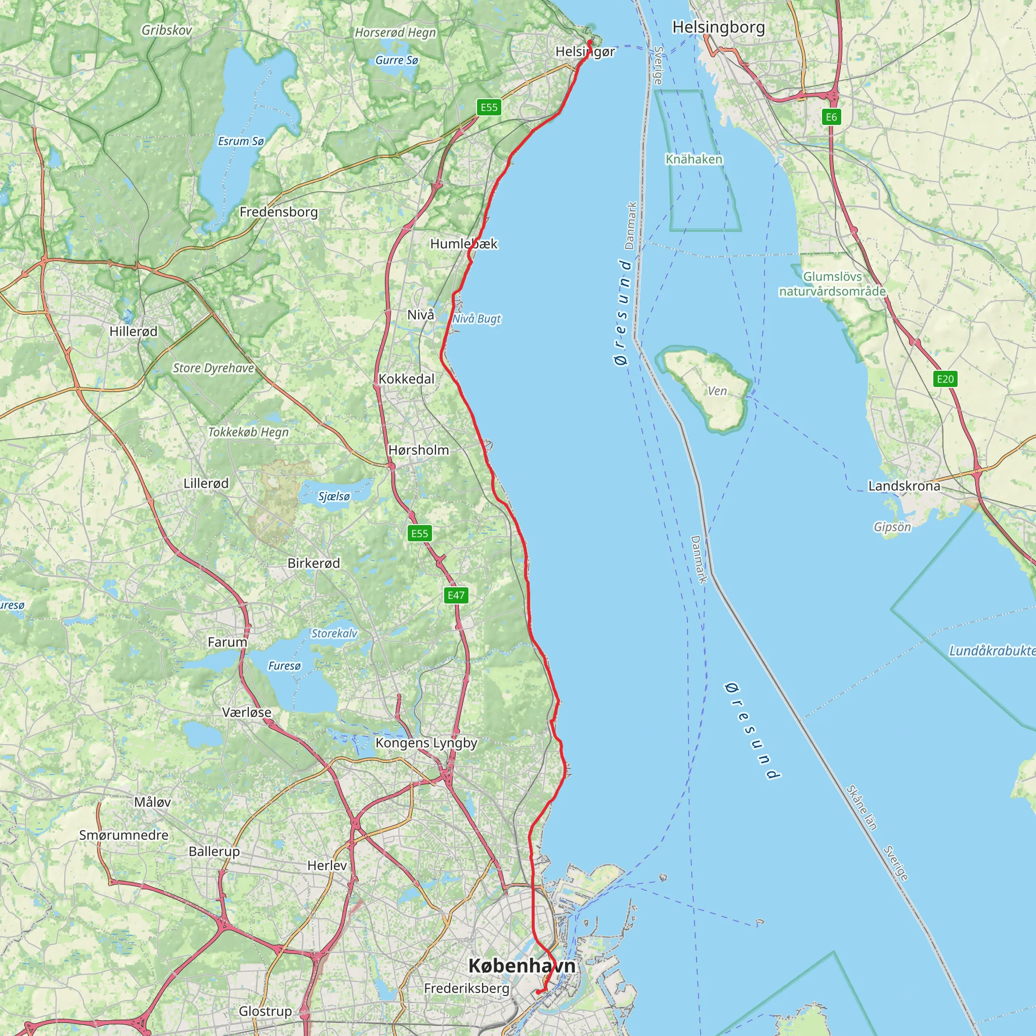 Copenhagen to Helsingør mobile static map