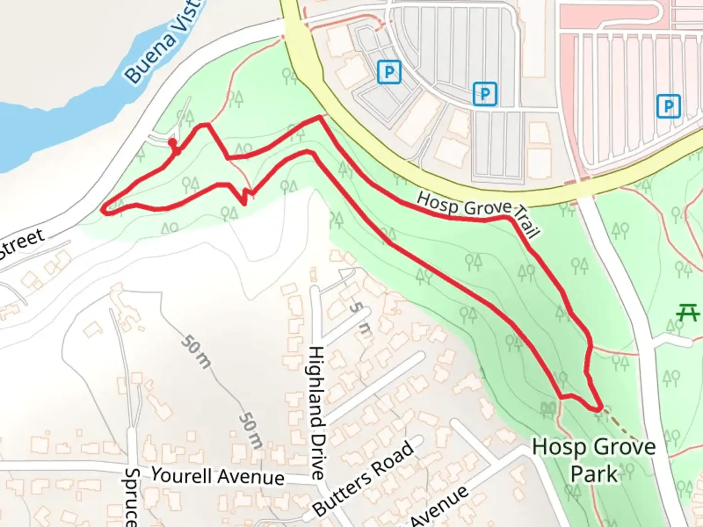 An image depicting the trail Hosp Grove Loop Trail and its surrounding area.