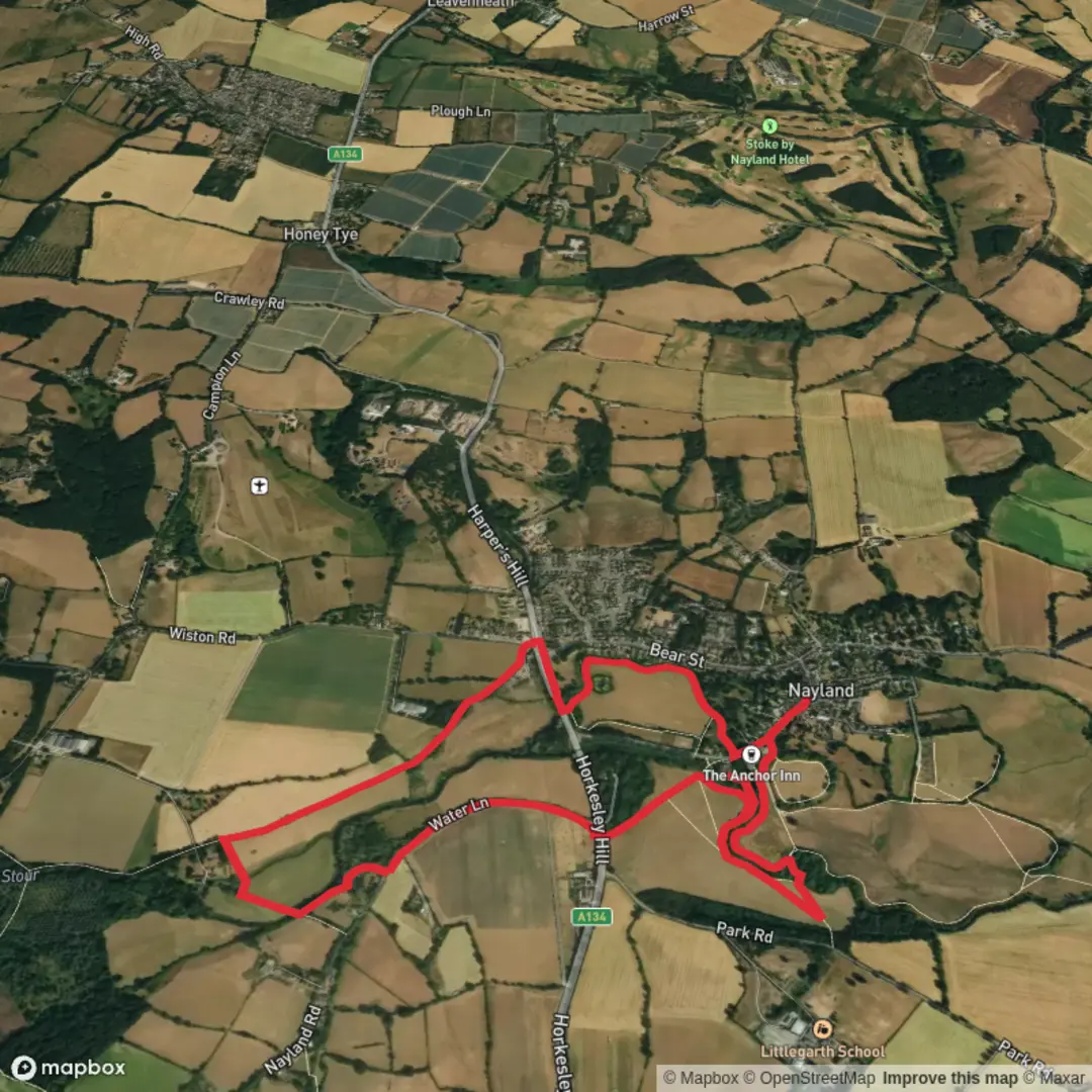 An image depicting the trail Nayland bridge and River Stour Loop and its surrounding area.
