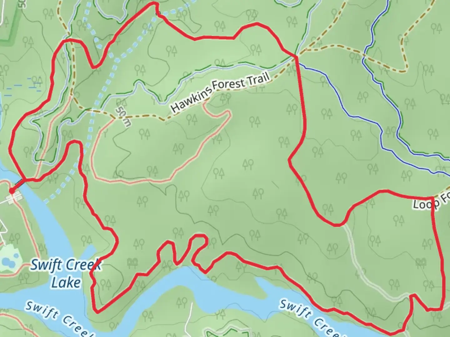 An image depicting the trail Co-Op Trail and Forest Exploration Trail Loop and its surrounding area.