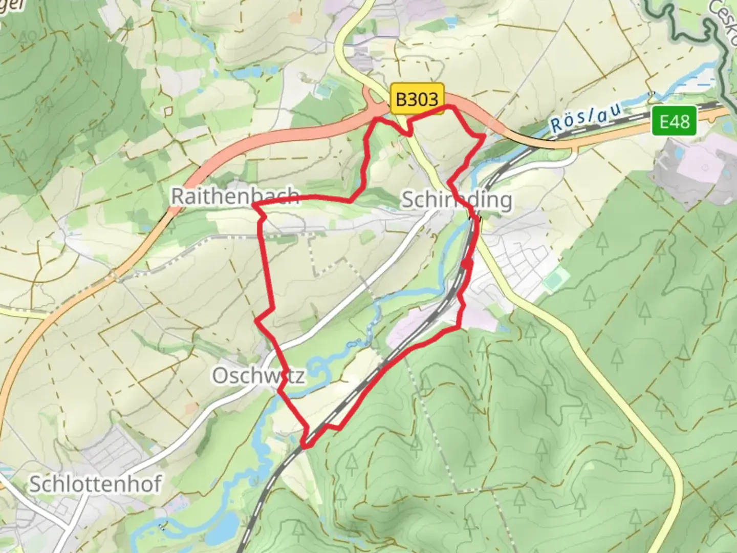 An image depicting the trail Wanderweg Schirnding Loop and its surrounding area.