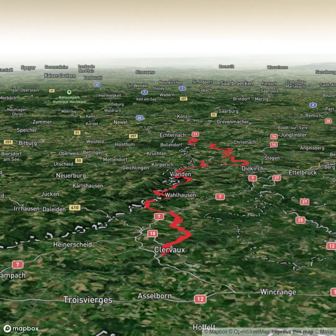 An image depicting the trail E3 Abbaye de Clervaux - Abbaye de Echternach and its surrounding area.
