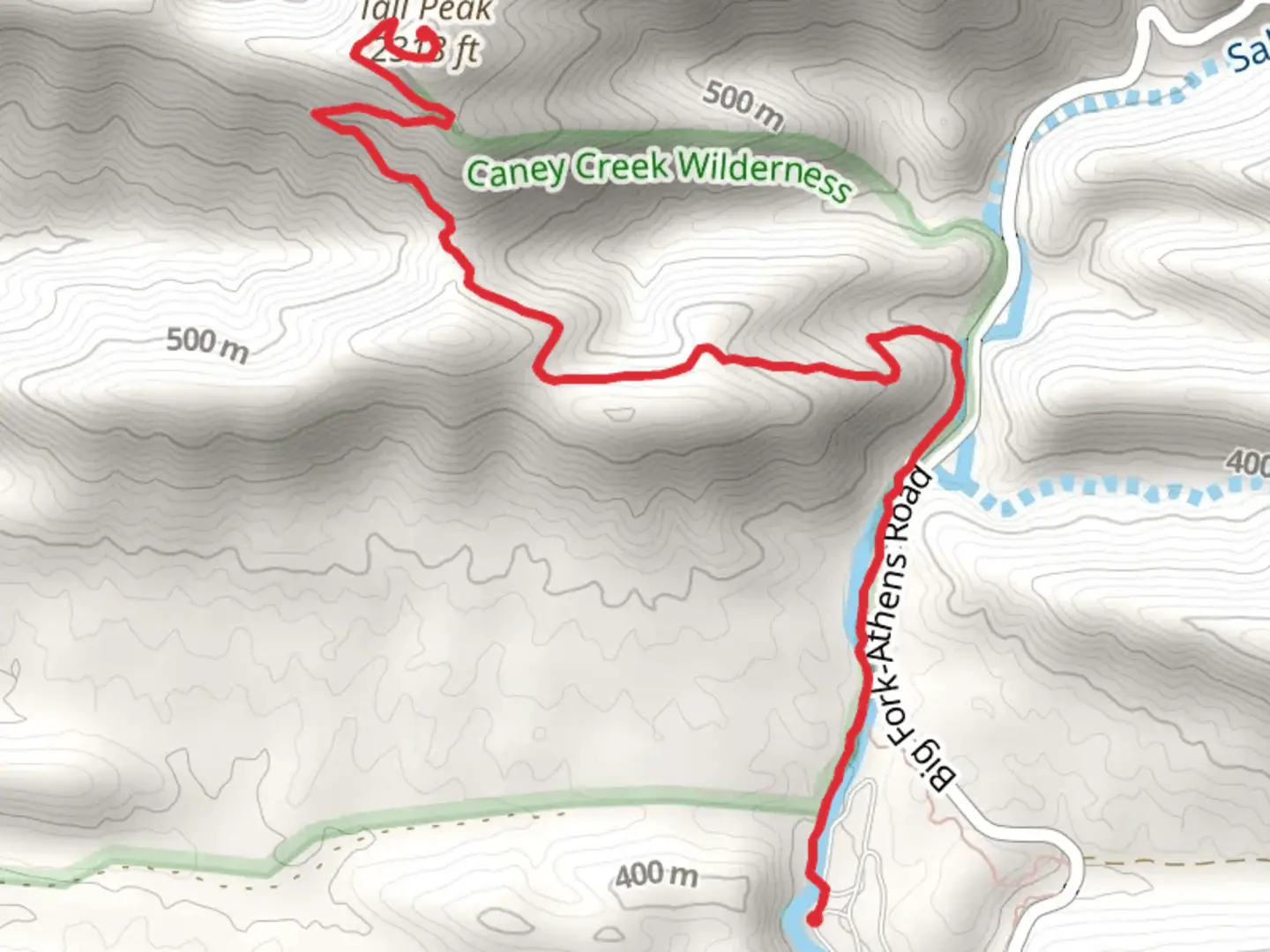 An image depicting the trail Caney Creek-Tall Peak Trail and its surrounding area.