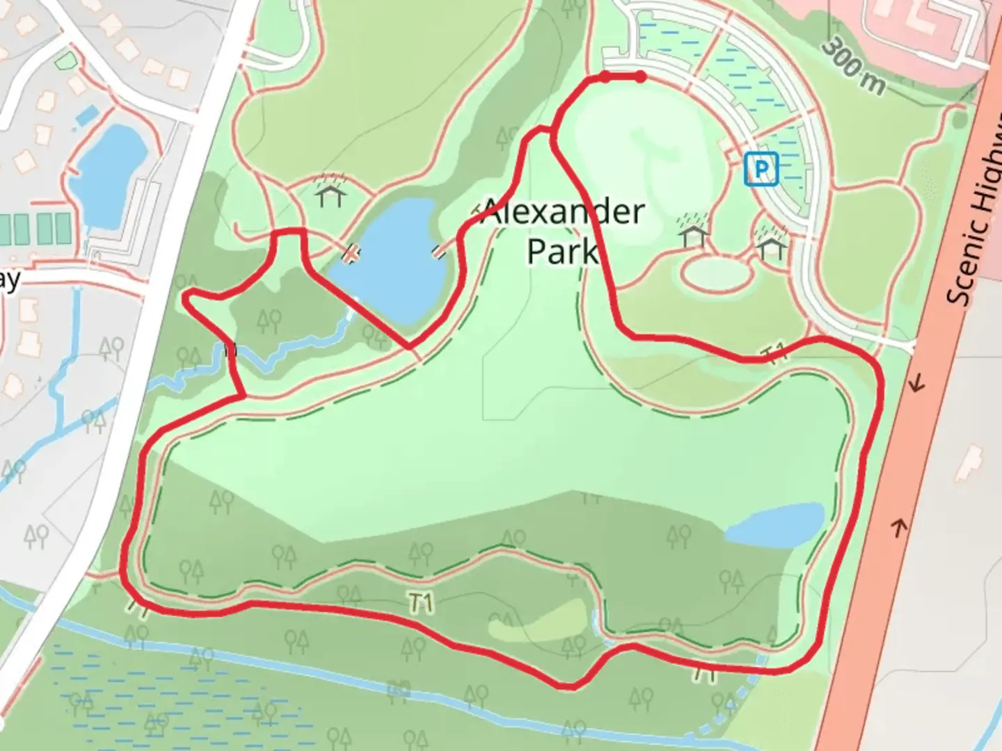 An image depicting the trail Alexander Park Loop and its surrounding area.