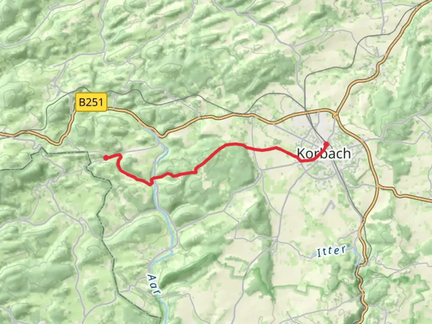 An image depicting the trail Welleringhausen to Korbach Hauptbahnhof via Upland-Weserbergland Weg and its surrounding area.