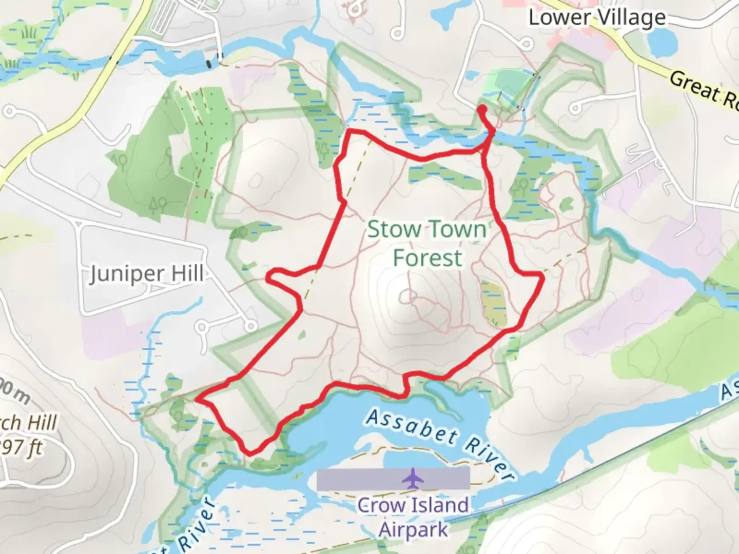 An image depicting the trail Assabet River Loop via Blue and Red Trail and its surrounding area.