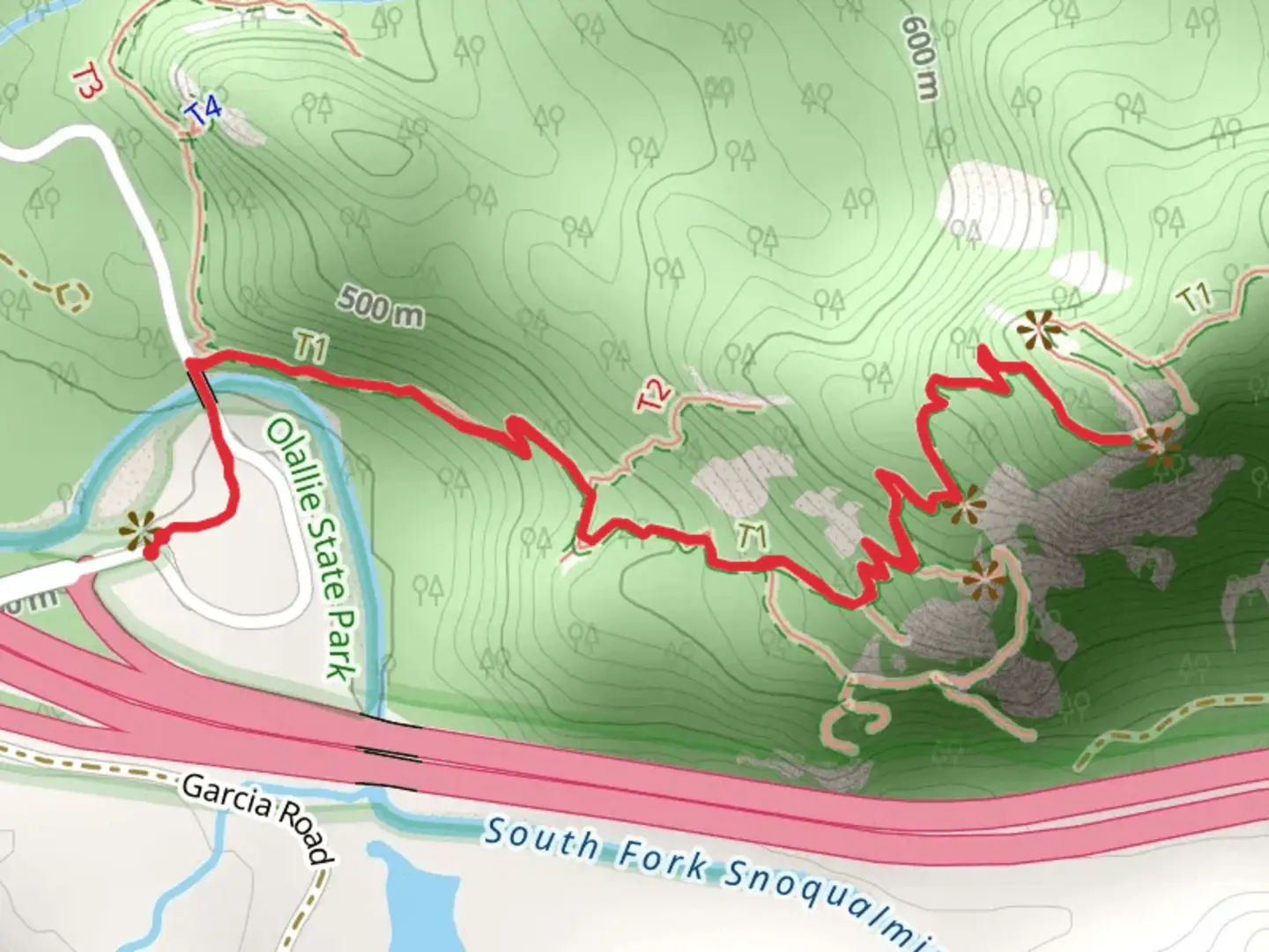 An image depicting the trail Winter Block and Squishy Bell via Dirty Harry's Peak Trail and its surrounding area.