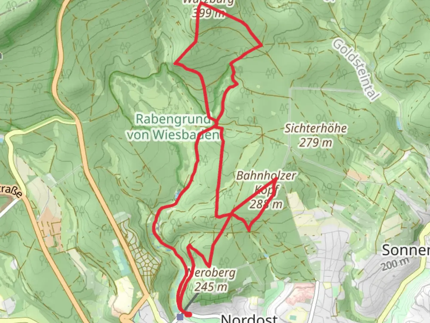 An image depicting the trail Bahnholzer Kopf and Wuerzburg via Wiesbaden and its surrounding area.