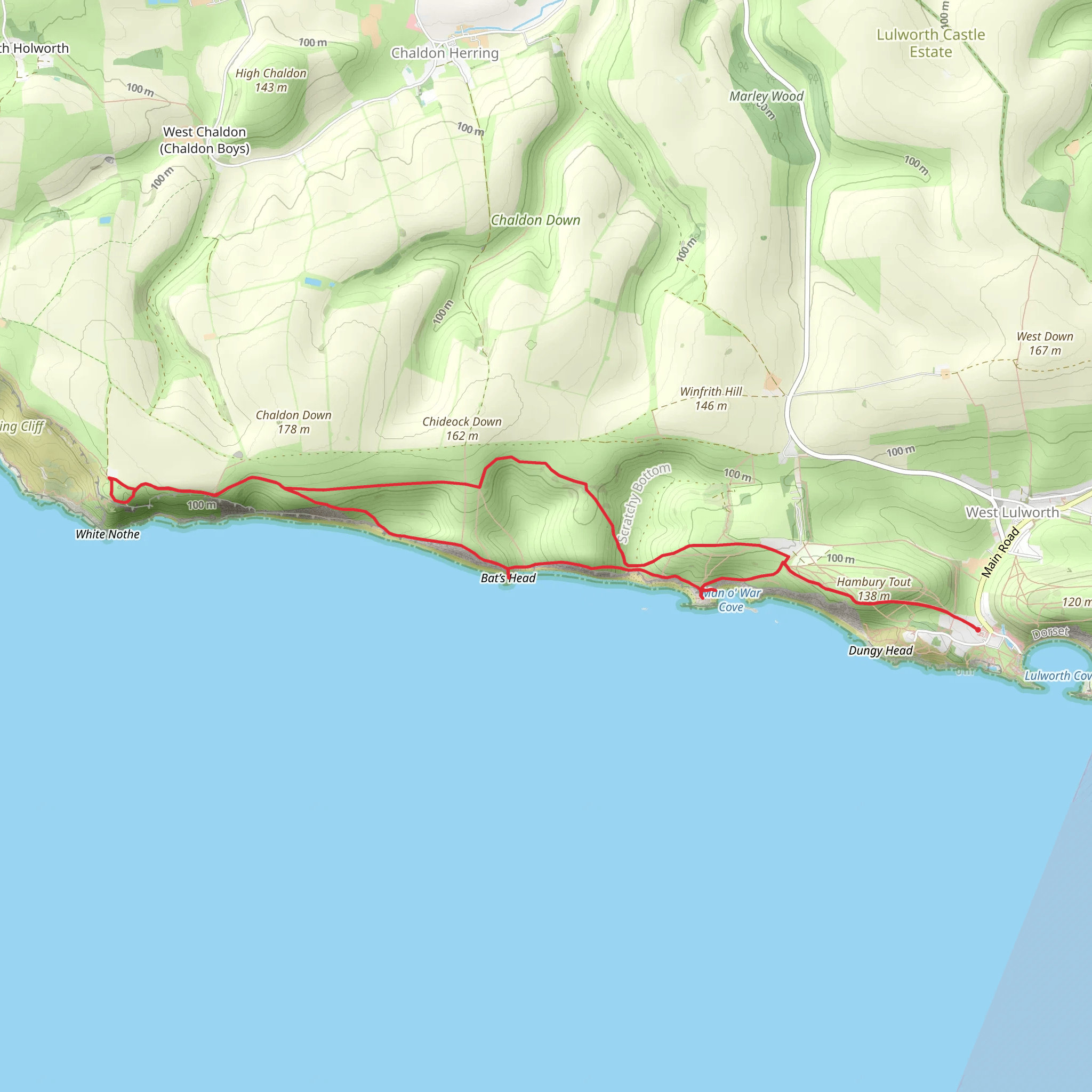 The Warren, Old Lookout, Bat's Head and Man O' War Cove via SWCP mobile static map
