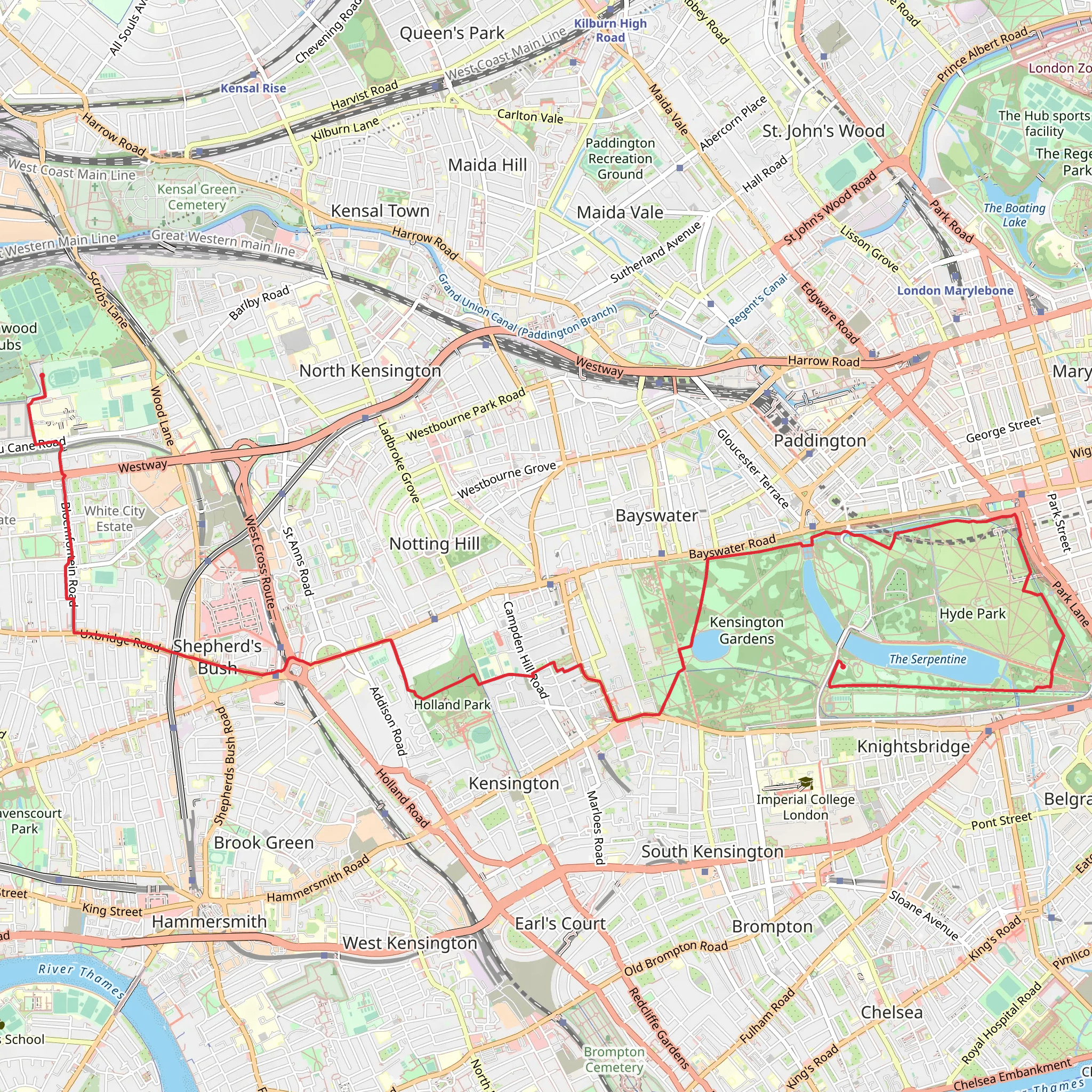 Serpentine, Hyde Park, Round Pond and Holland Park Walk mobile static map