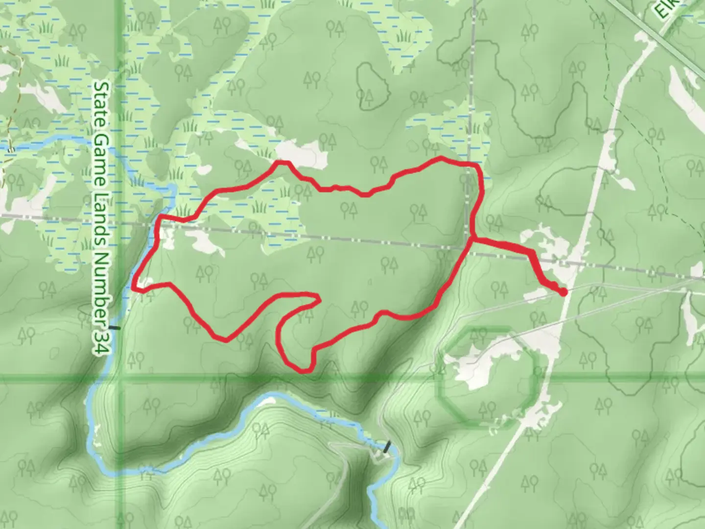 An image depicting the trail Meeker Run and Mosquito Creek Loop and its surrounding area.