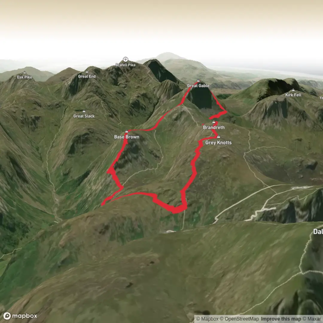 An image depicting the trail Great Gable from Seathwaite and its surrounding area.