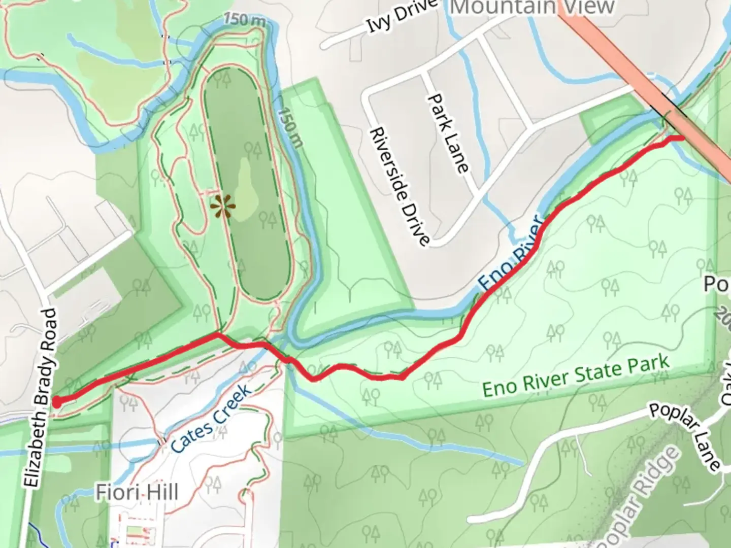 An image depicting the trail Eno River via Mountain to Sea Trail and its surrounding area.
