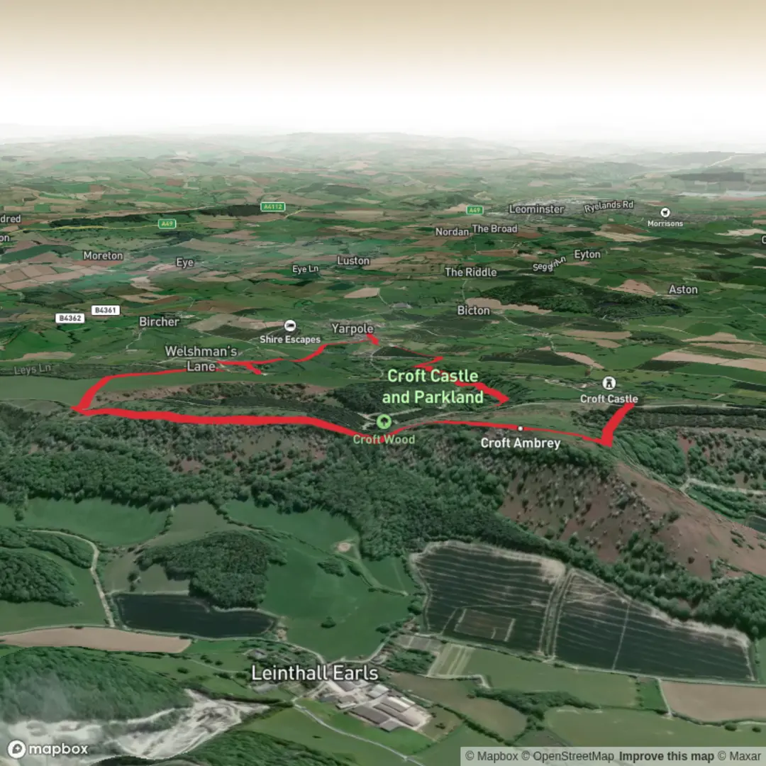 An image depicting the trail Fishpool Valley, Croft Ambrey, Whiteway Head and Bircher Common Loop and its surrounding area.