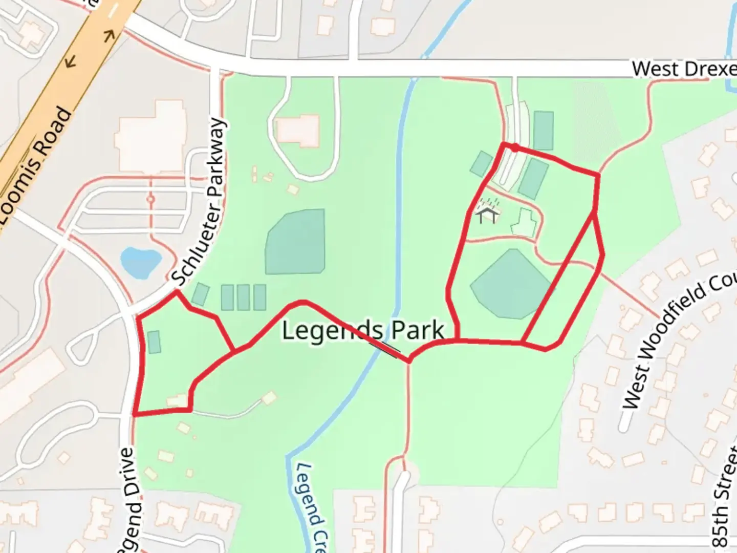 An image depicting the trail Legends Park Loop and its surrounding area.