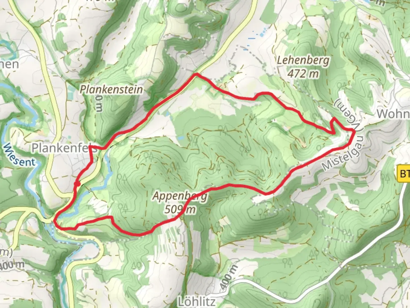 An image depicting the trail Thermenweg Aufsess and Bamberg Loop and its surrounding area.