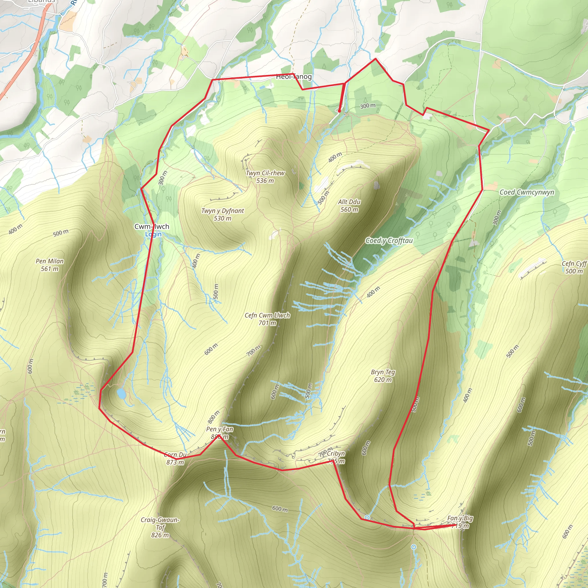 Highest Peaks of the Brecon Beacons from Cwmgwdi mobile static map