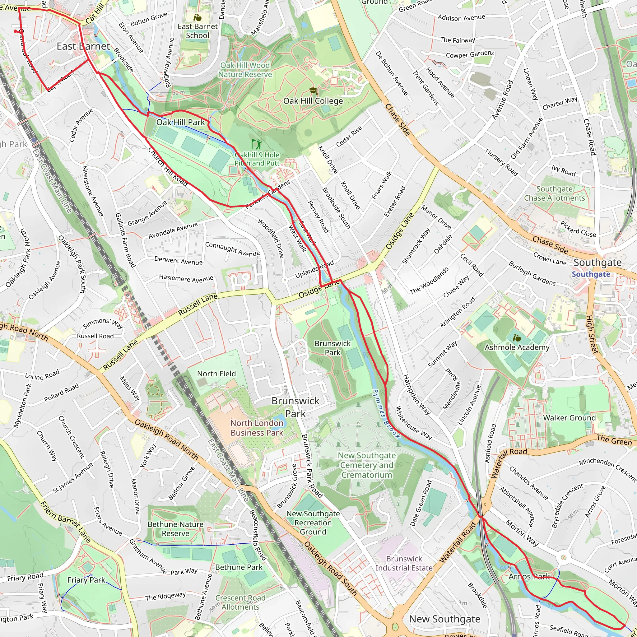Oak Hill Park, Brinswick Park and Arnos Park via Waterfall Walk and