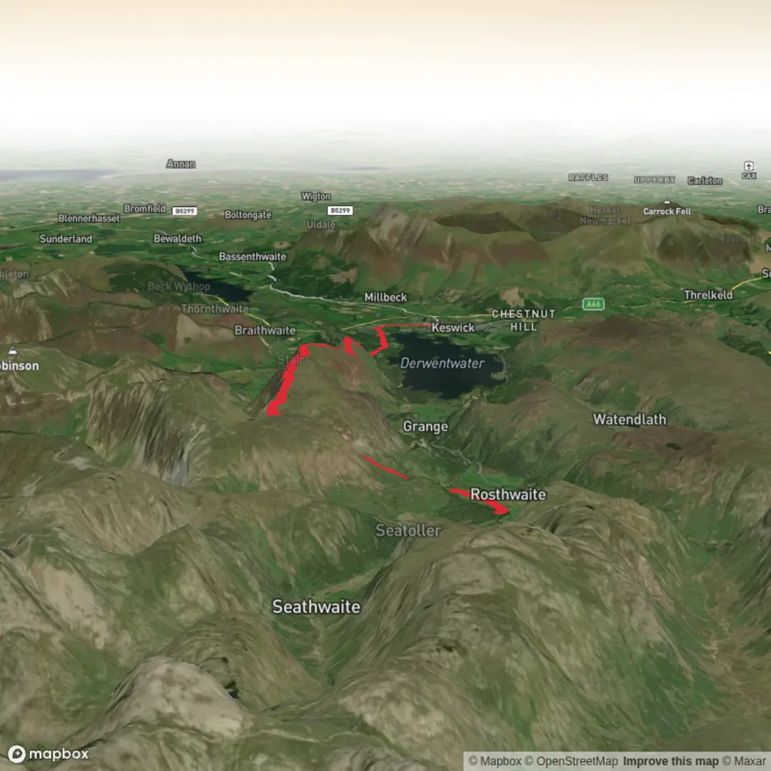 An image depicting the trail Borrowdale YHA, High Spy, Maiden Moor and Catbells and its surrounding area.