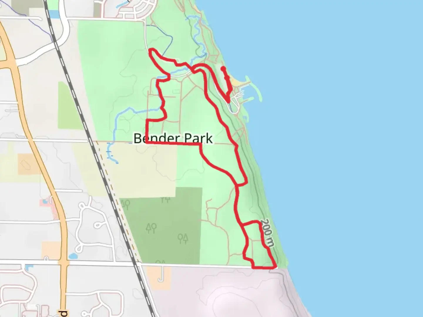 An image depicting the trail Plevak Road and Bender Park Loop and its surrounding area.