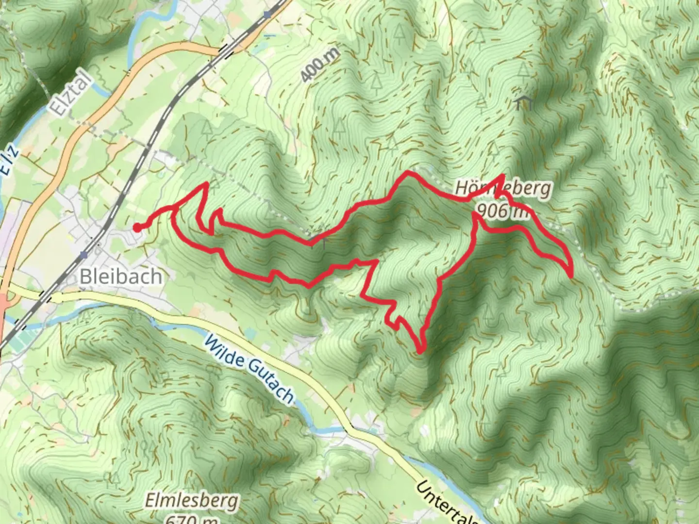 An image depicting the trail Vorderer Hoernlewald - Am Umsetzer and Elme - Am Hoernlepfad and its surrounding area.