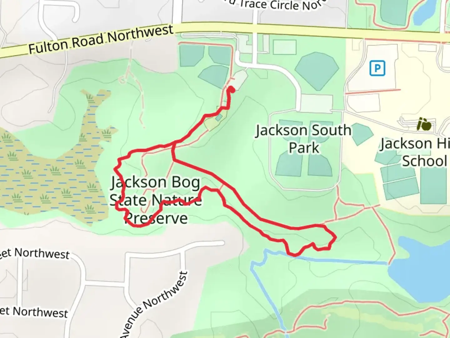 An image depicting the trail Jackson Bog State Nature Preserve Loop and its surrounding area.