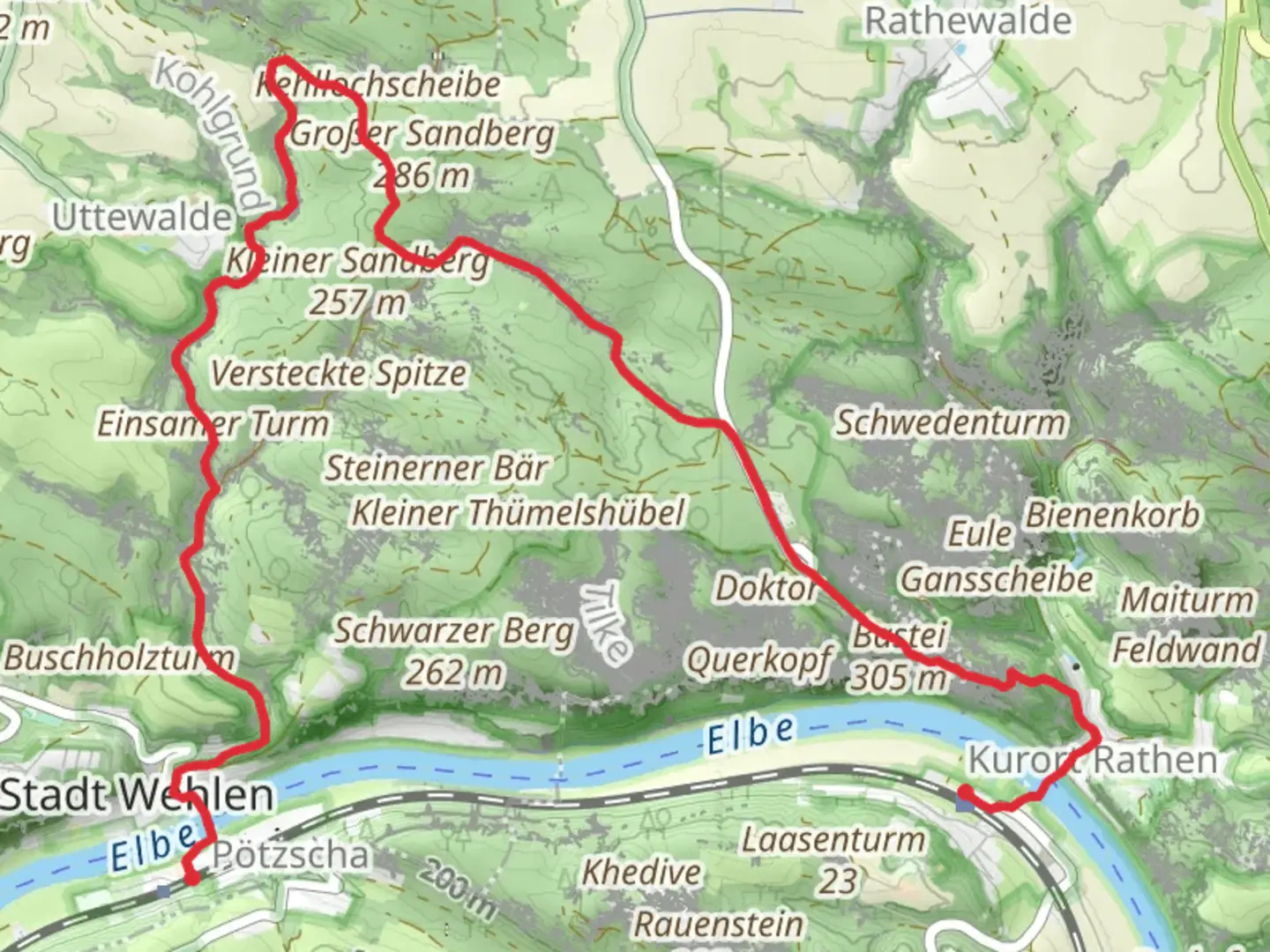 An image depicting the trail Stadt Wehle to Oberrathen via Schleifgrund, Brückwaldweg and Basteiweg and its surrounding area.