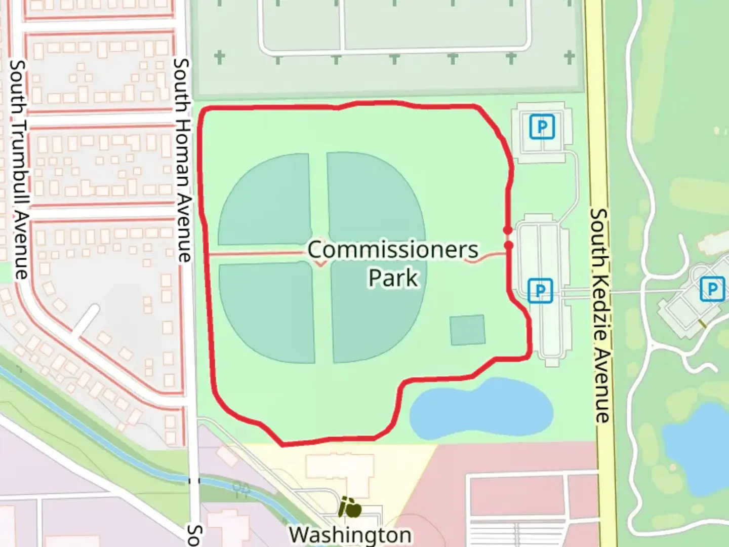 An image depicting the trail Commissioners Park Loop and its surrounding area.