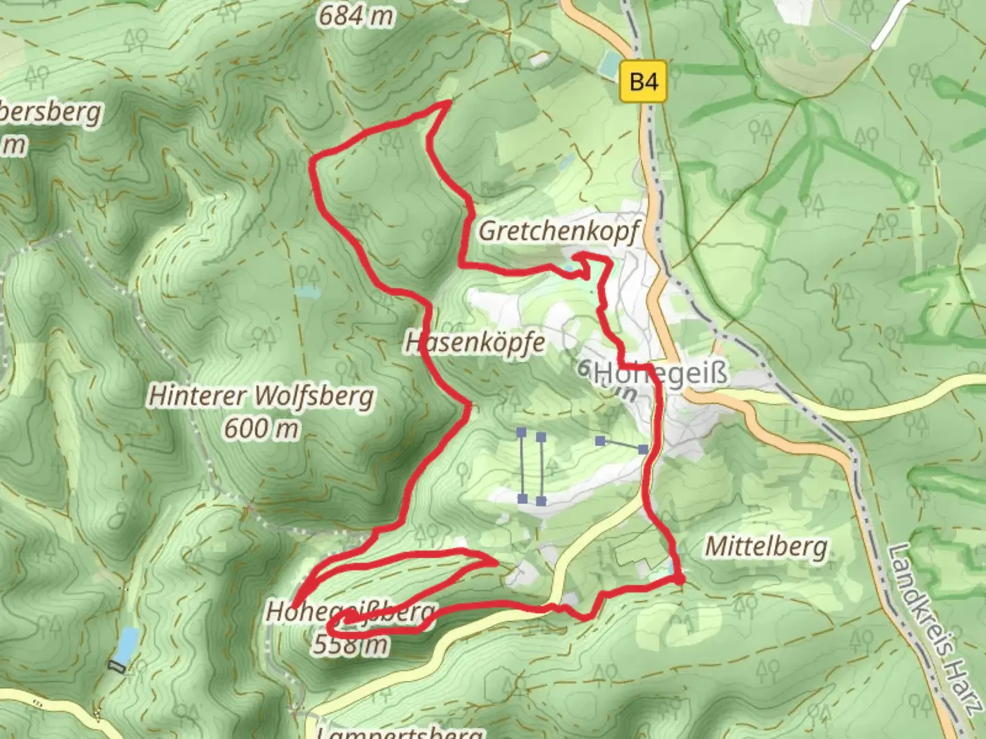 An image depicting the trail Hohegeißberg, Dickie Tannen and Kurpark Loop via Alte Bobbahn and its surrounding area.