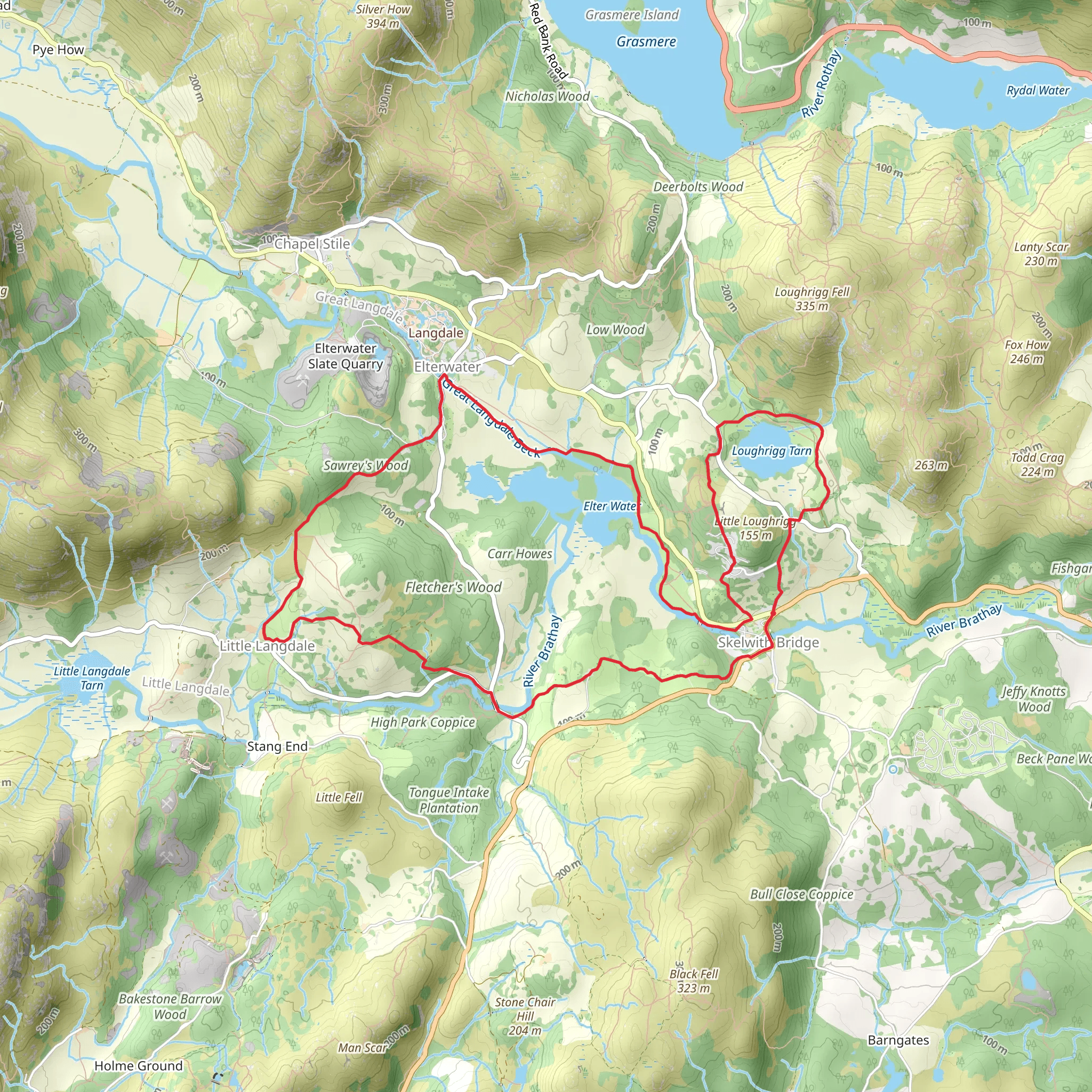Skelwith Bridge to Elterwater Loop via Elterwater and Loughrigg Tarn mobile static map