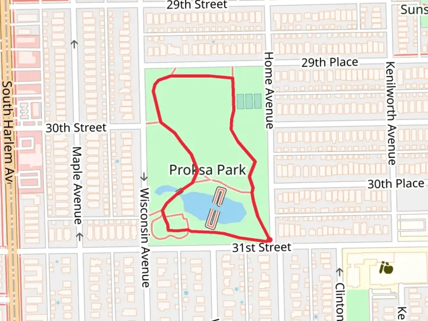 An image depicting the trail Proksa Park Loop and its surrounding area.