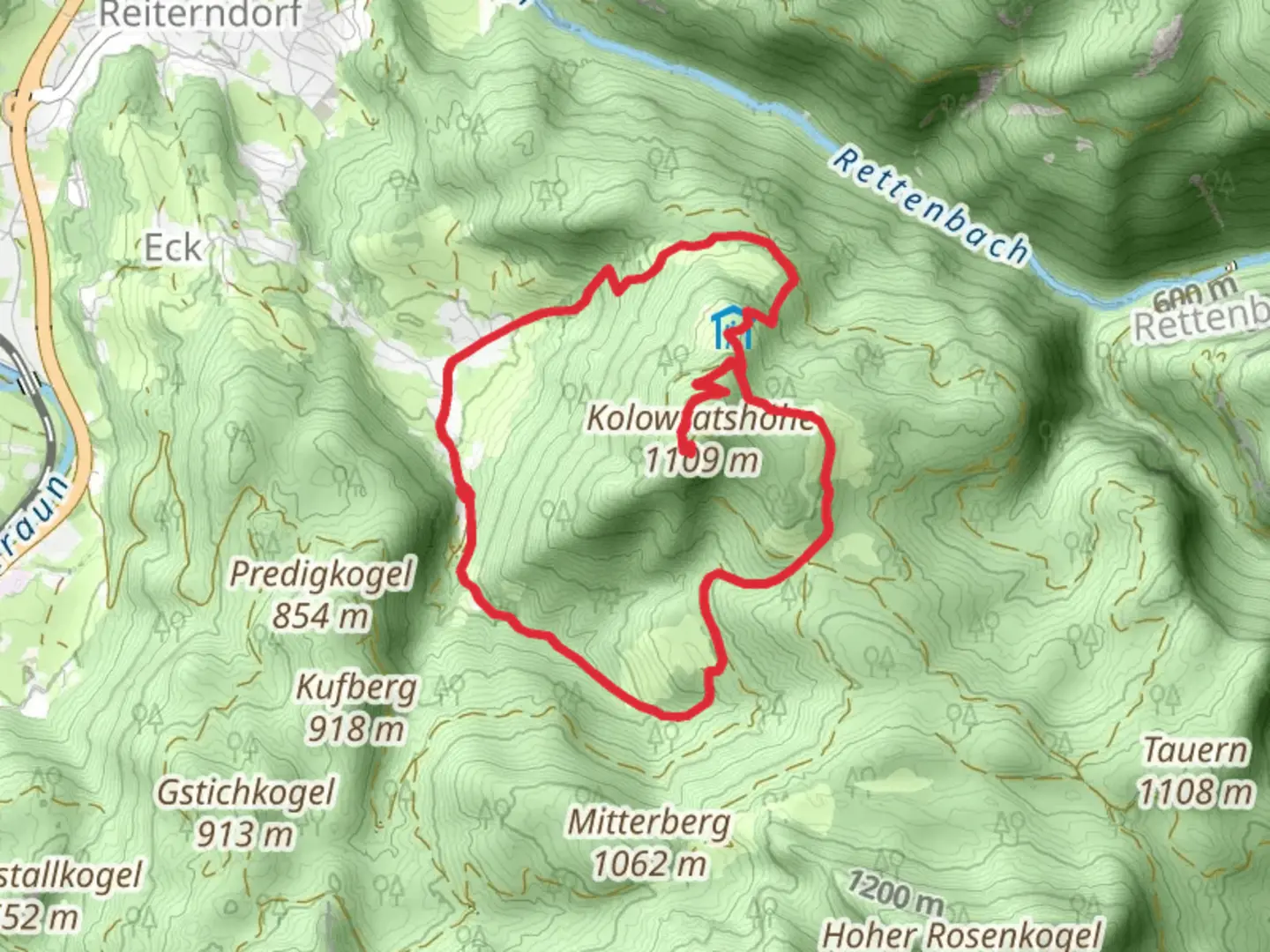 An image depicting the trail Kolowratshöhe Loop and its surrounding area.