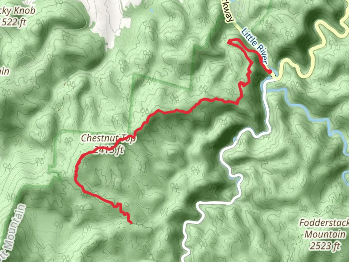 An image depicting the trail Dosey Gap and Chestnut Top Lead via Chestnut Top Trail and its surrounding area.