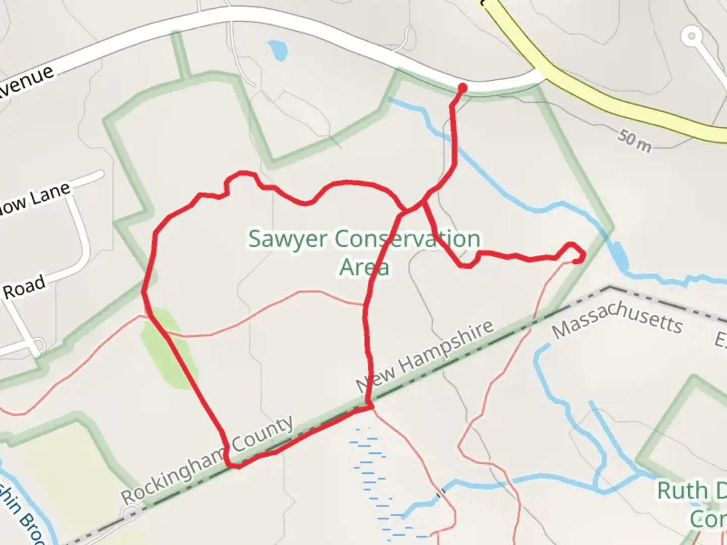 An image depicting the trail Sawyer Conservation Area Loop via Sawyer Avenue and its surrounding area.
