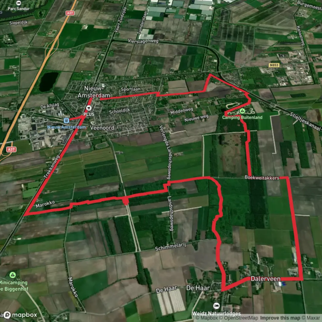 An image depicting the trail Boekweitakkers, Vakantiepark Buitenland and Vaart Weg and its surrounding area.