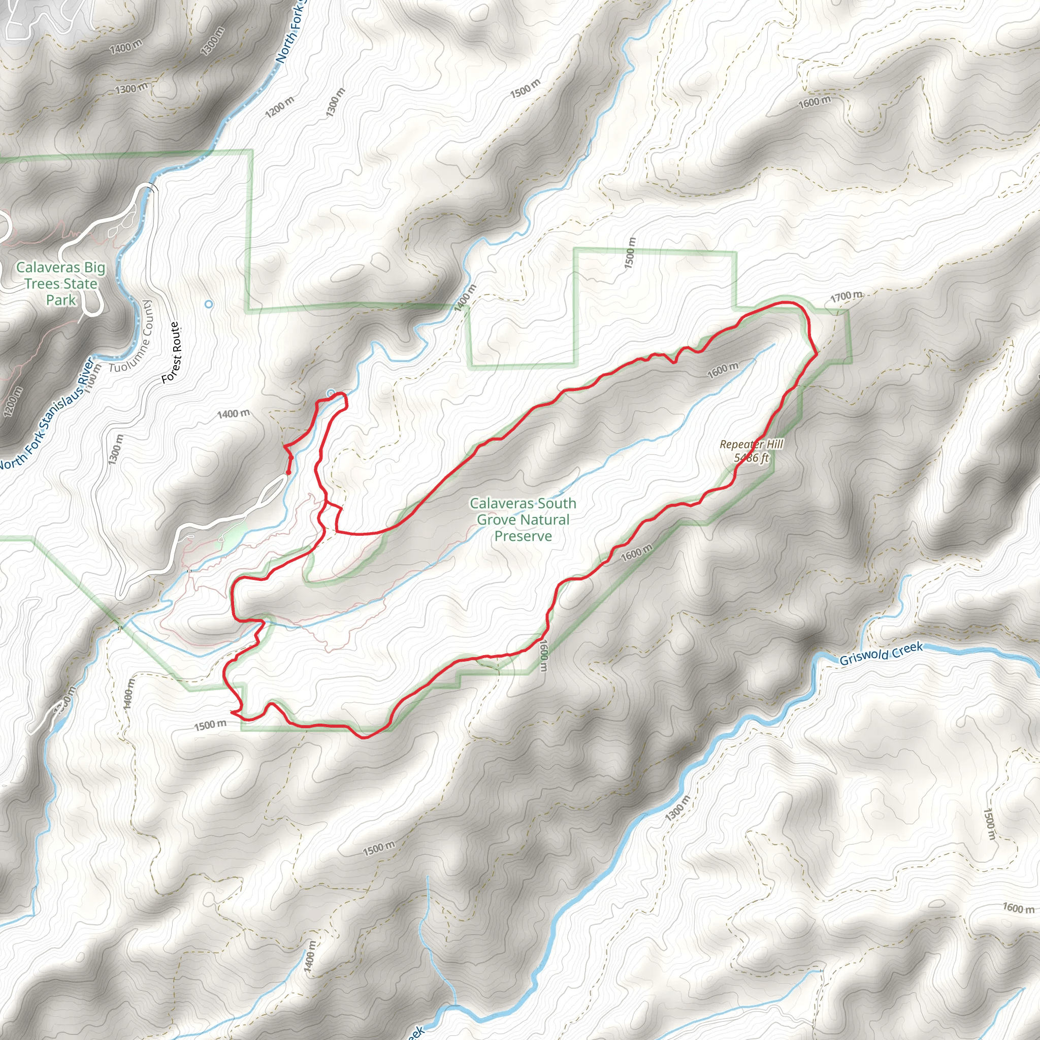 Repeater Hill via Forest Route and Big Trees Creek mobile static map