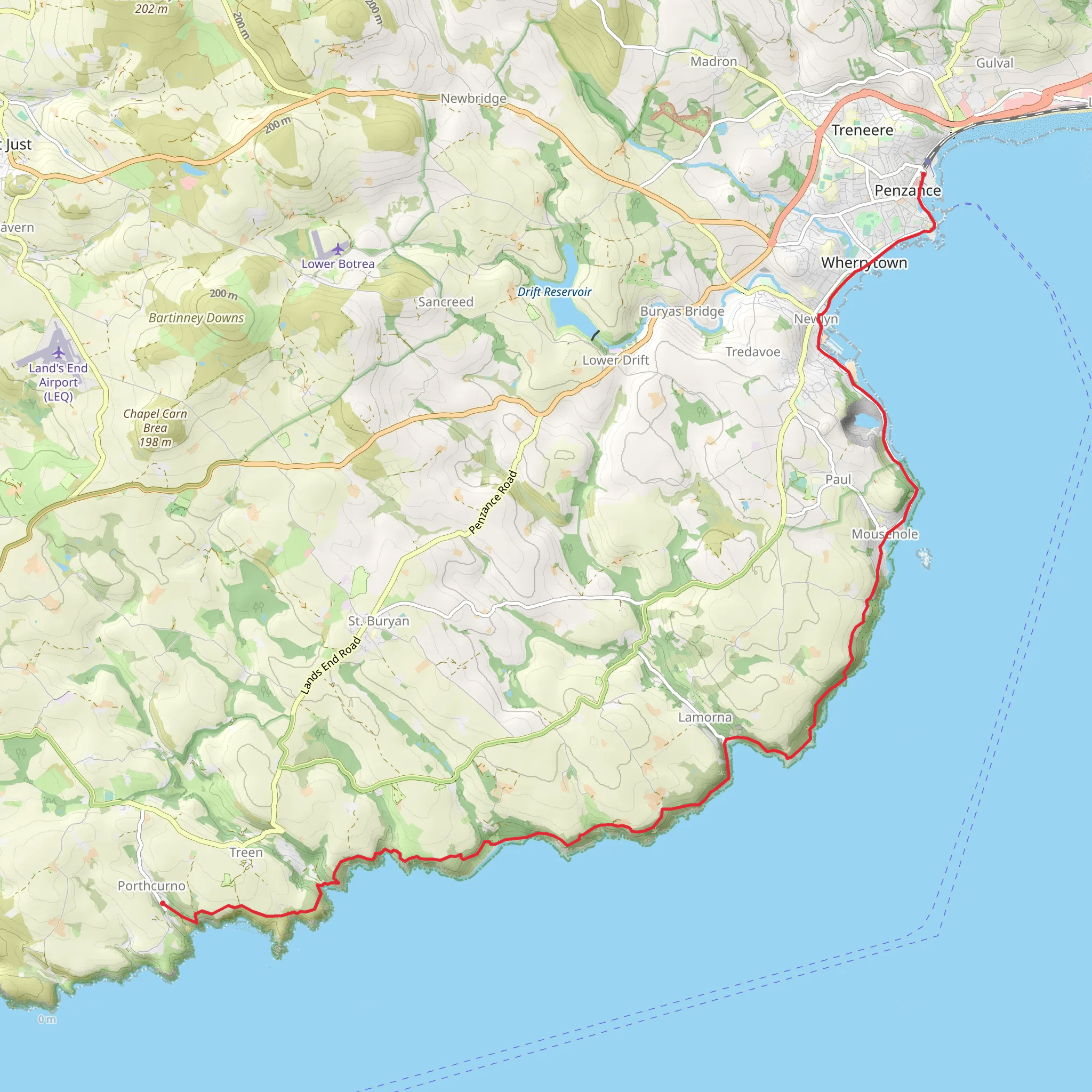 Land's End Hostel - Porthcurno to Penzance mobile static map